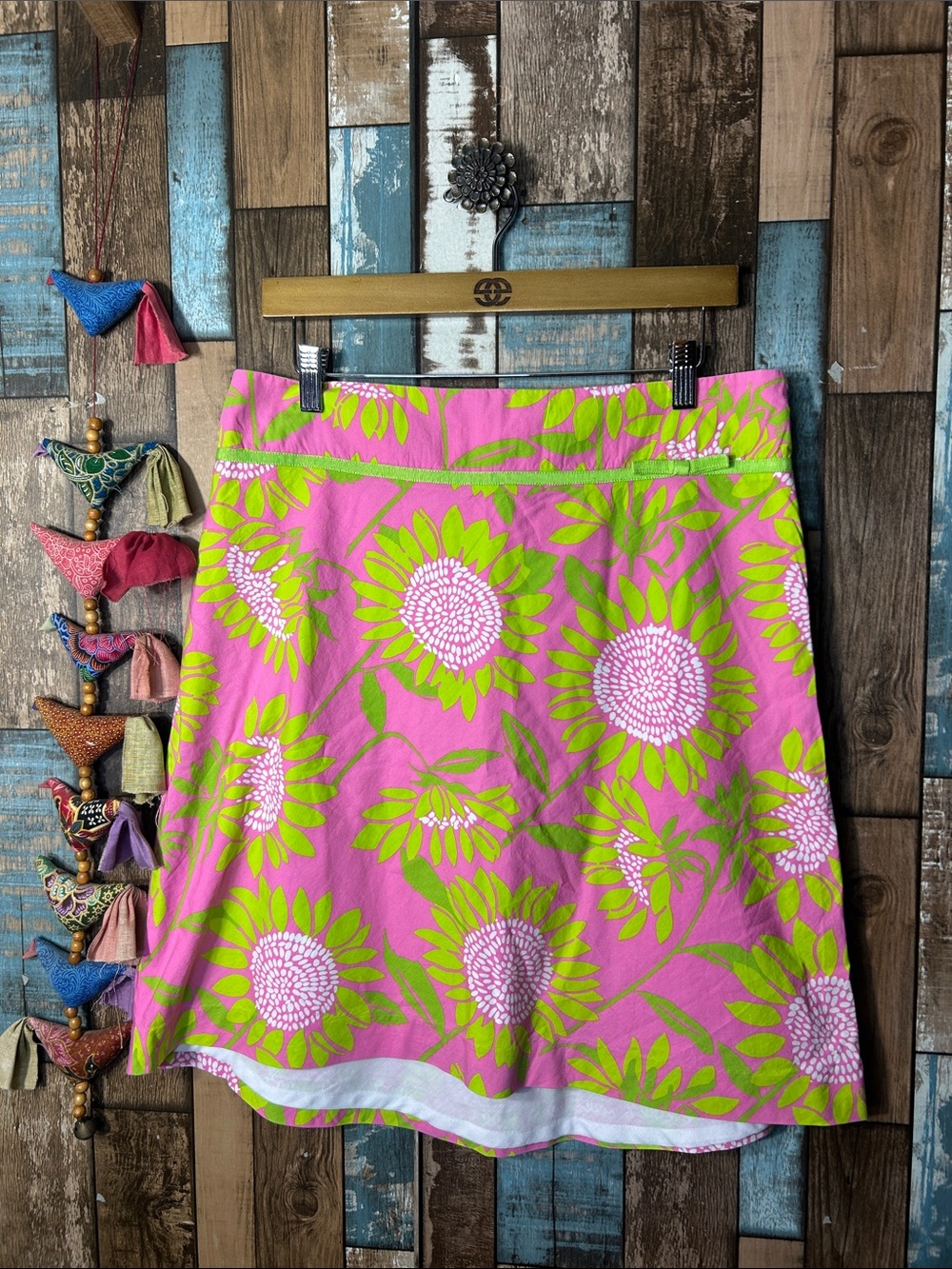 Lilly Pulitzer Pink A-Line Skirt with Lime Green Floral Print